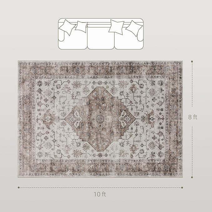 HOMCOM Washable Area Rug, 8'x10' Vintage Indoor Distressed Carpet, Retro Floor Cover Foldable, Floral Print Mat for Living Room, Bedroom, Dining Room, Tan