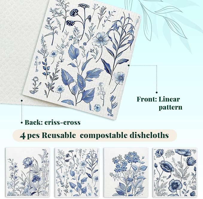 Spring Flower Swedish Dishcloths for Kitchen, Blue Swedish Dish Cleaning Cloths for Floral, Papaya Reusable Paper Towels, 4 Pack Dish Towels for Kitchen, Reusable Paper Dishcloths Washable