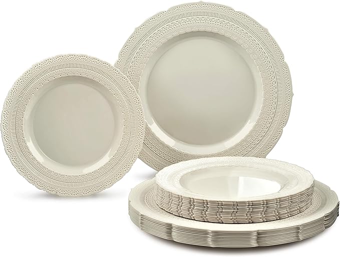 OCCASIONS 80 Plates Pack (40 Guests), Heavy Duty Fancy Ivory Plastic Wedding Plates, 40x11" Dinner + 40x8.25" Salad/Dessert, Disposable Reusable Elegant Vintage (Chateau Ivory)