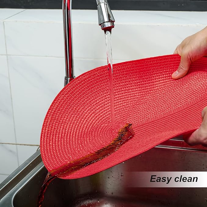 FunWheat Oval Braided Placemats Set of 8 Table Mats for Dining Tables Washable Heat Resistant Place Mats for Indoor Outdoor Use 12 x18 Inch(Oval Red, 8pcs)