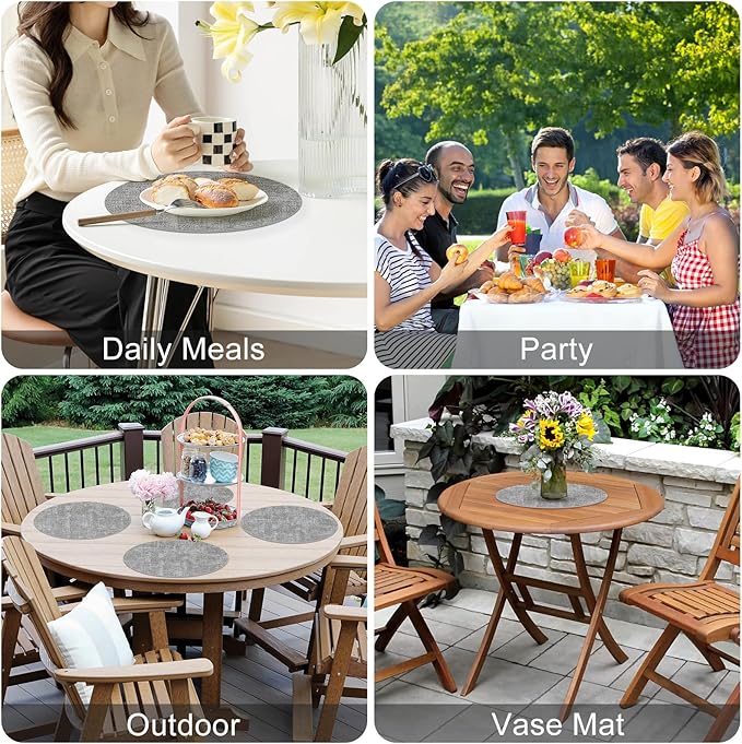 Homaxy Round Faux Leather Placemats and Coasters, Washable Dual-Side Table Mats, Wipeable Heat-Resistant Dining Place Mats for Outdoor and Indoor, Set of 8, Diameter 13 and 3.93 inch, Light Grey
