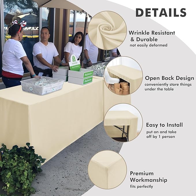 Nasitos 2 Pack Fitted Beige Tablecloth Rectangle for 4ft Table-Open Back Folding Table Cover Washable Fabric Washable and Wrinkle Resistant Tablecloth, Trade Show, Parties, Wedding, Jewelry Shows