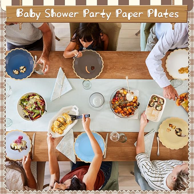 48 Pcs Blue Brown Paper Plates 9 Inch Gradient Scalloped Paper Plates Disposable Dinner Dessert for Birthday Wedding Bridal Party Supplies, 6 Colors