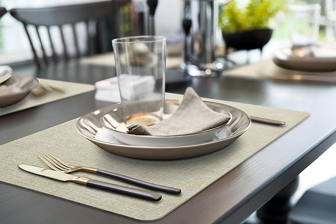 More Décor Faux Leather Placemats Set of 6 for Dining Table – Waterproof, Wipeable, Washable, Stain & Heat Resistant, Non-Slip Table Mats – 12 X 17 Inch, Beige