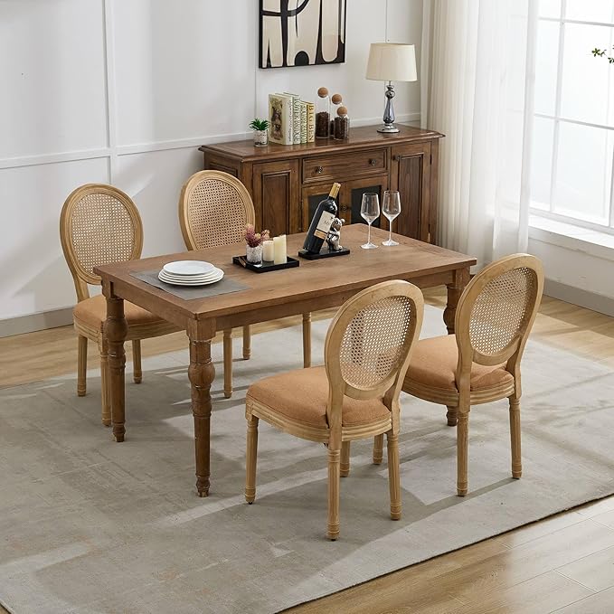Vintage French Rattan Dining Chairs Set of 8, Round Back Accent Chairs with Rattan Backrest and Upholstered Linen Seat, Solid Wood Frame Sillas de Comedor for Dining Room & Kitchen, Camel