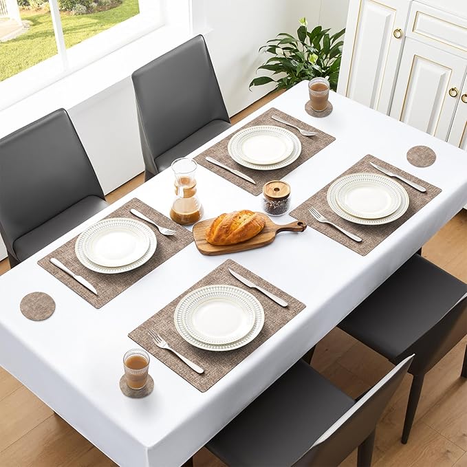 MOSAYT Faux Leather Placemats Set of 6, Heat Resistant Wipeable Washable Vinyl Place Mats with Coasters, Waterproof Oil Proof Table Mats for Kitchen Dining Party Indoor Outdoor, 12" x 17", Khaki