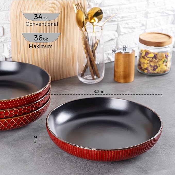 GBHOME 8.5'' Large Pasta Bowls, 36 Ounce Stoneware Salad Bowls for Kitchen, Ceramic Serving Bowls With Textured Pattern for Pasta,Fruit, Stews,Noodle, House-warming Gift, Set of 4-Rythmic Red