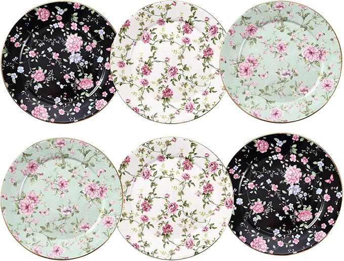 Floral Salad Plates, Set of 6 – 8 Inch Ceramic Appetizer Plates with Gold Trim, Vintage Floral Design for Dessert, Tea Party, Dinner, Decorative Serving