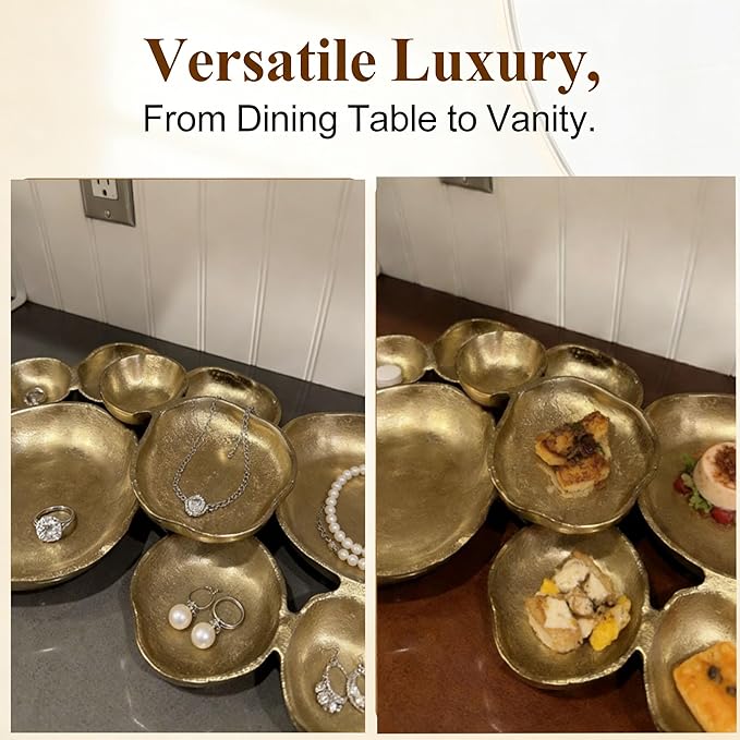 Cluster Serving Tray for Charcuterie – 9 Piece Decorative Bowls Set for Entertaining, Elegant Appetizer Platter with Connected Snack Bowls, Modern Luxury Centerpiece (Gold)
