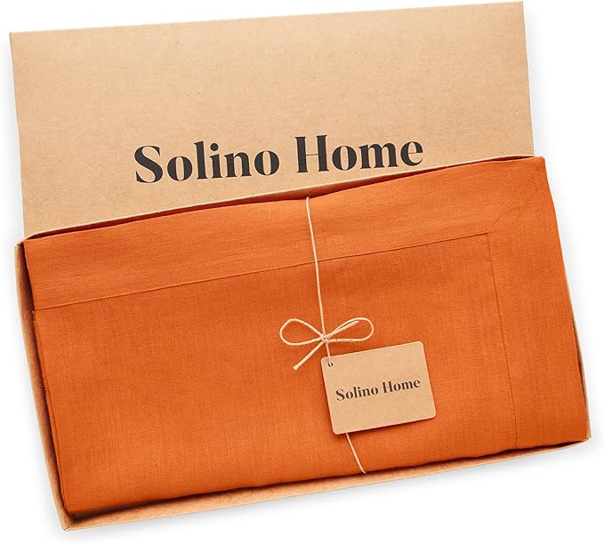 Solino Home Linen Tablecloth for Rectangle Tables 60 x 108 Inch - 100% Pure Linen Persimmon Orange Table Cloth - Fete, Machine Washable Cloth Tablecloth for Spring, Easter