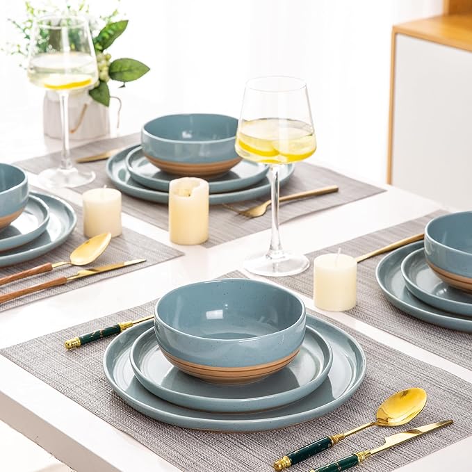 AmorArc Ceramic Dinnerware Sets for 6, 18 Pieces Handpainted Plates and Bowls Set with Rustic Terracotta Underside, Scratch Resistant Stoneware Dishes Set, Dishwasher & Microwave Safe, Stone Blue