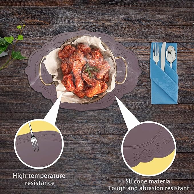 Silicone Placemats Set of 2, Oval Placemats,Heat Resistant Non-Slip Table Mat, Waterproof Silicone Placemat for Kids Large, Easy to Clean Dining Table Placemats by Siliconty(2, Cameo Brown)