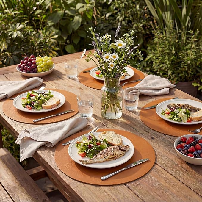 Artoid Mode Rust Faux Leather Placemats Set of 4, 15 Inch Waterproof Wipeable Heat Resistant Vinyl Place Mats, Reversible Table Mats for Fall Kitchen Dining Decor