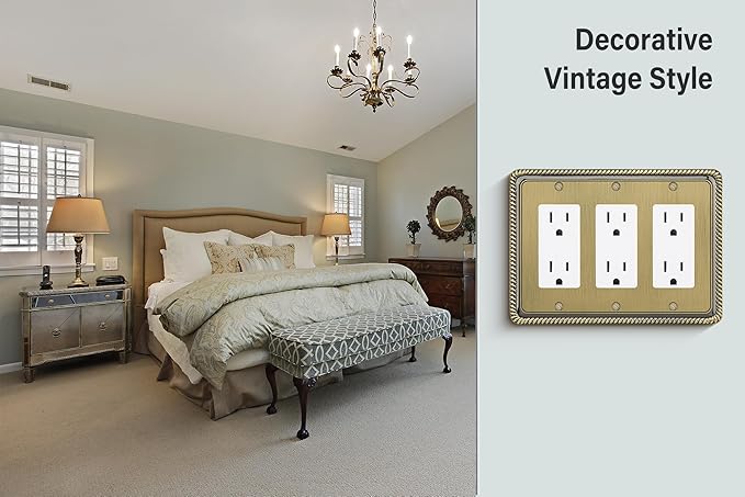 Henne Bery Rope Edge Decorative Wall Plate Switch Plate Outlet Cover (Triple Decorator, Antique Brass)