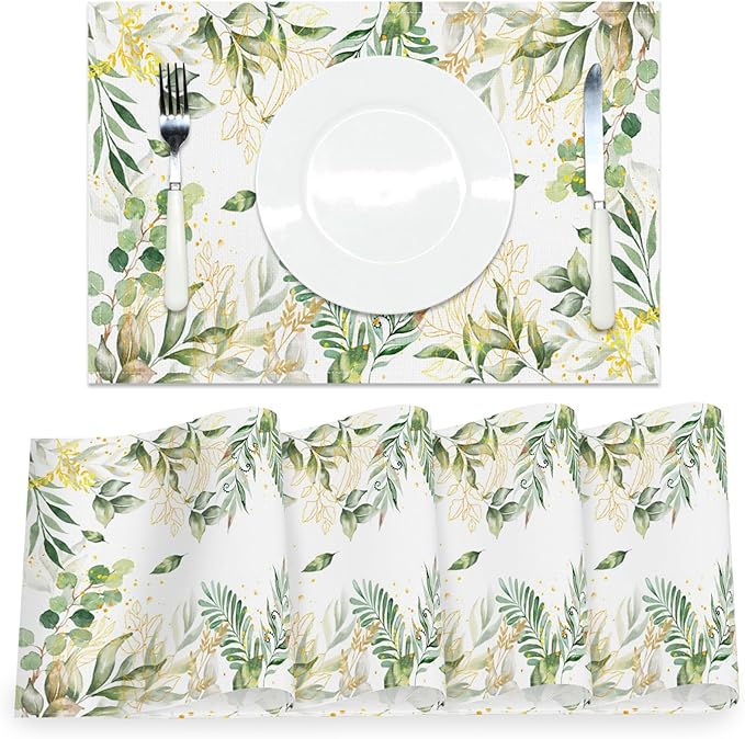 AOFOTO Watercolor Leaves Printed Placemats Set of 4 Spring Sage Green Gold Leaves Place Mats Washable Rectangular Table Mats for Party Home Kitchen Restaurant Dining Table Decor 12x18 Inch