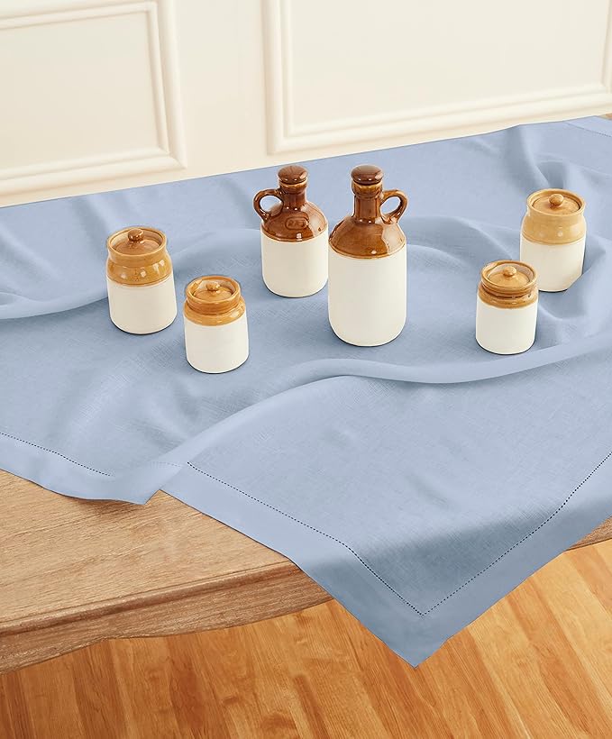 Solino Home Square Linen Tablecloth 52 x 52 Inch - 100% Pure Linen Sky Blue Table Throw - Classic Hemstitch, Machine Washable Table Cloth for Spring, Easter