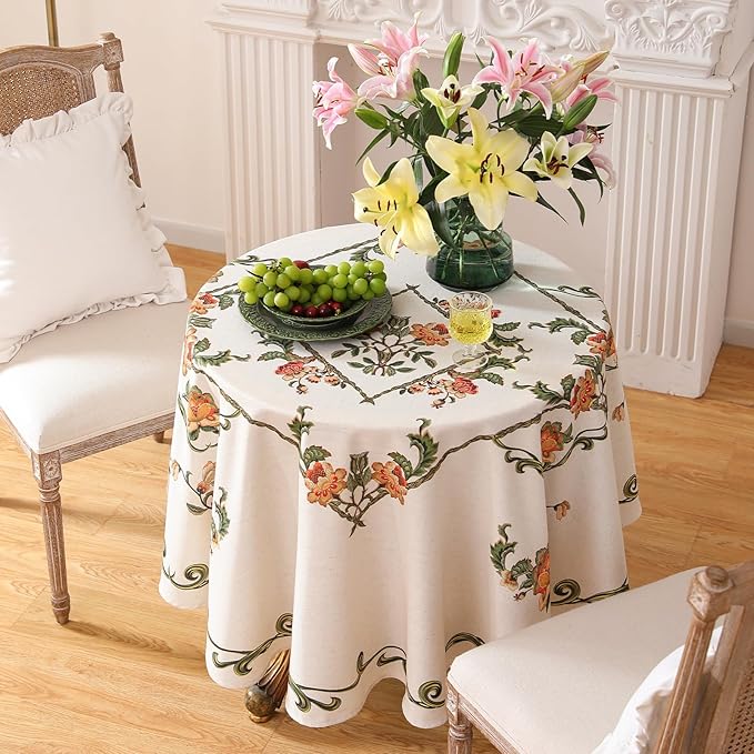 patdrea Designer Vintage Linen Round Tablecloth,French Floral Tablecloths,Wrinkle Free Table Cloth,Decorative Table Cover Cloth for Kitchen,Dining,Tea Party,Home,Christmas,Diameter 55"