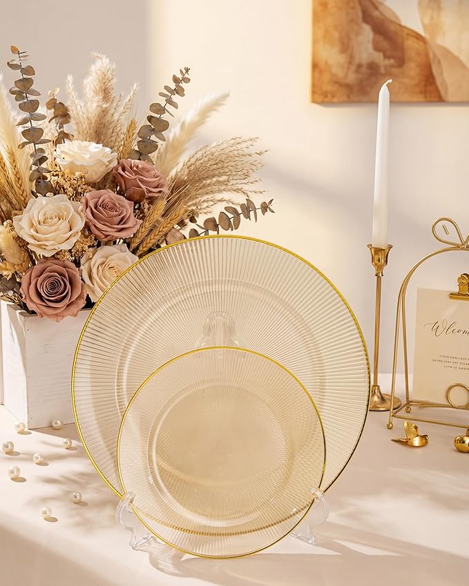 Hioasis 60pcs Brown and Gold Plastic Plates - Brown Disposable Dinnerware Set, 30pcs Dinner 10.25in & 30pcs Dessert 7.5in Plates with Striped Designs for Party & Wedding
