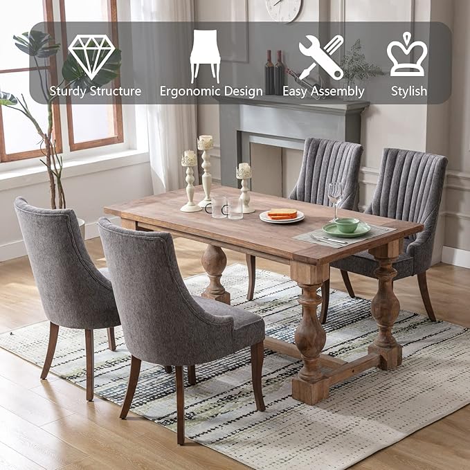 mikibama Linen Dining Chairs Set of 6 Channel Tufted Kitchen Dinner Chair Comfy Fabric Upholstered Accent Chair for Dining Room with Solid Wood Legs (Grey 6pc)