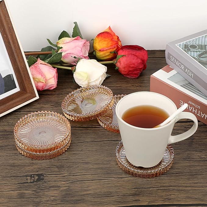 JUXYES 5 Pack Amber Tone Crystal Coasters Round Cup Mat, Glass Coasters for Drinks Coffee Tea Wine, Decorative Wine Bottle Coaster, Crystal Drink Coaster for Restaurant bar Kitchen Dining Table
