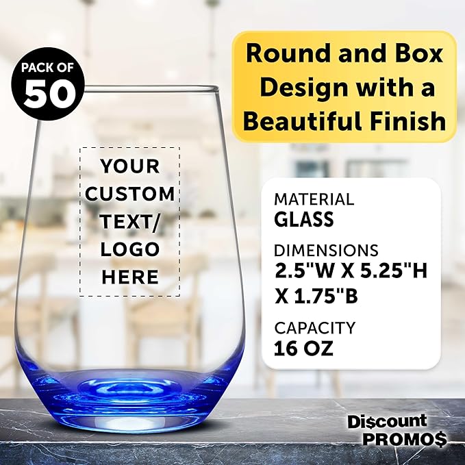 DISCOUNT PROMOS 50 Vaso Silicia Stemless Wine Glasses Set, 16 oz. - Personalized Text, Logo - Clear, Orb-Like, Thick base - Blue