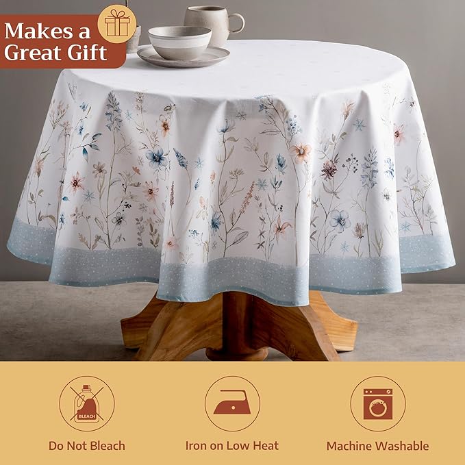 Maison d' Hermine Table Cloth Round Table 100% Cotton 69 Inches Fall Tablecloth Reusable Everyday Use for Thanksgiving Christmas Decorations Dining Farmhouse Party (Ice Florals)