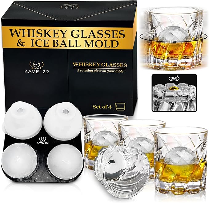 Whiskey Glasses Set of 4 - Spinning Bourbon Glass with Ice Ball Mold - Elegant Scotch, Old Fashioned Rotating Base - Thick Crystal Drinking Kit Scotch - Elegant Barware Gift for Whisky Lovers