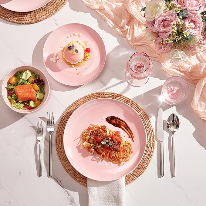 KINGSTONE Bone China Dinnerware Sets, 12-Piece Dinnerware Sets for 4, Lightweight Durable, Dishwasher Safe, Tableware for Daily Use with Elegant Design, Pink