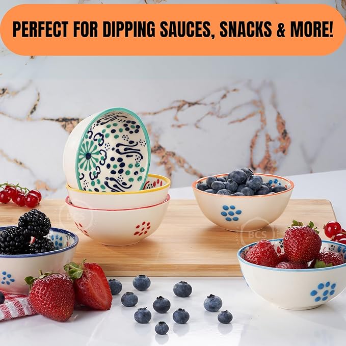 BCS Ceramic Salsa Bowls Set of 6 Small Pinch Bowls for Dipping, Cooking Prep & Charcuterie Board, Soy Sauce Dish, Multicolor Handmade Decorative Mini Serving Dishes Dishwasher Safe (3.2''-3 oz)
