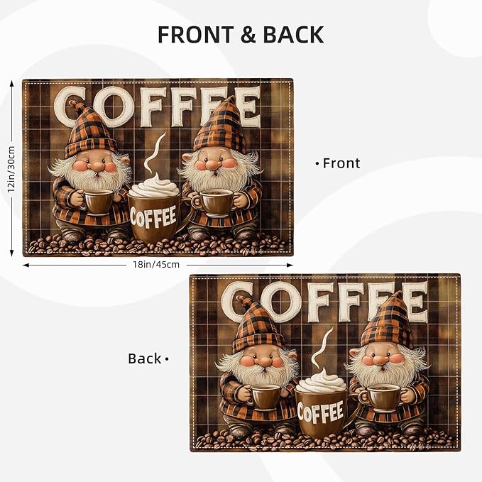 Coffee Gnomes Placemats Set of 6, Cafe Station Table Mats, Washable Place Mats for Coffee Bar Home Party Indoor Kitchen Dining Table Decor 12x18 Inch