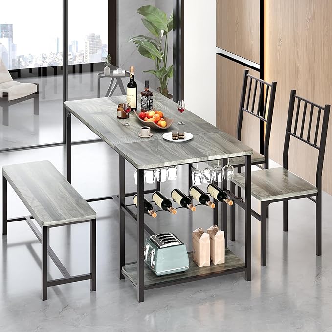4 EVER WINNER Dining Room Table Set for 4, 55" Kitchen Table Set with Storage Shelf, Wine Rack & Wine Glasses Holder, Dining Table for 4 with Chairs and Bench for Dining Room, Kitchen, Grey