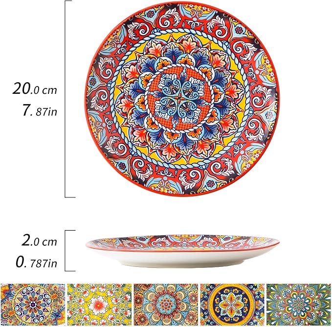 6piece Bohemian ceramic plates 8inch pasta plates spacious, suitable for microwave oven and dishwasher perfect for holiday parties and family gatherings