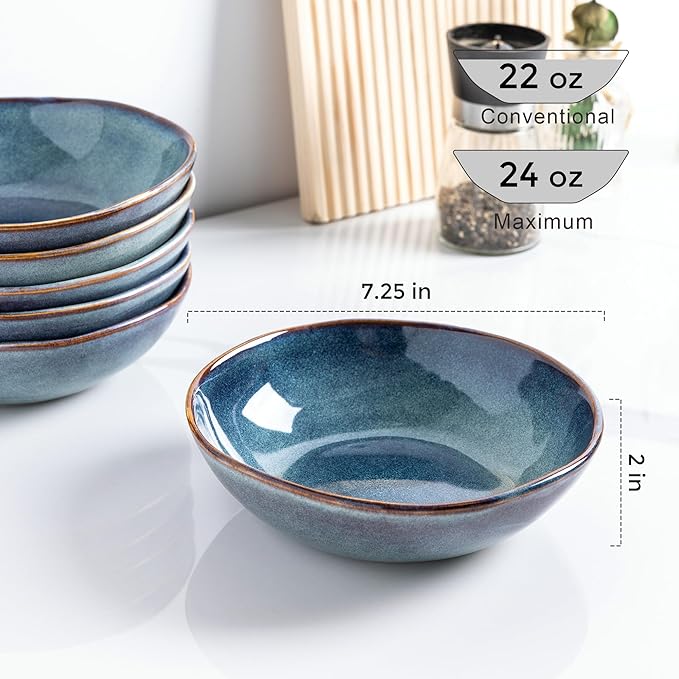 AmorArc Ceramic Cereal Bowls Set of 6, 24 oz Handmade Stoneware Bowls for Cereal Soup Salad Bread, Stylish Kitchen Bowls for Meal, Dishwasher & Microwave Safe-Ceylon Blue