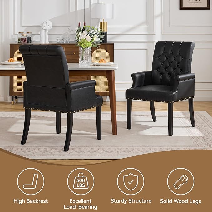 PU Leather Dining Chair with Arms, Upholstered Tufted High Back Dining Room Chairs, Accent Armchair with Solid Wood Leg and Nailhead Trim, Kitchen Dining Living Room, Black