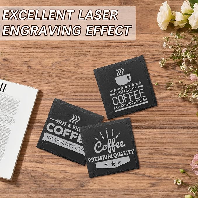 24 PCS Slate Coasters Black Square 4 Inch Bulk Rock, Blank Laser Engraving, Scratch Resistant Bottom, Home Office Kitchen Gift Wedding Bar Party