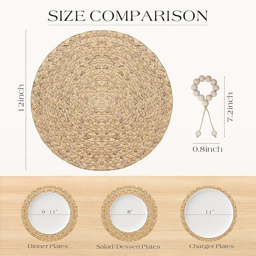 12” Woven Round Placemats Set of 4, Natural Water Hyacinth Braided Table Mats with 4 Wood Bead Napkin Rings, Washable Boho Farmhouse Rattan Place Mats for Home, Outdoor, Table Decor, Dinning, Wedding