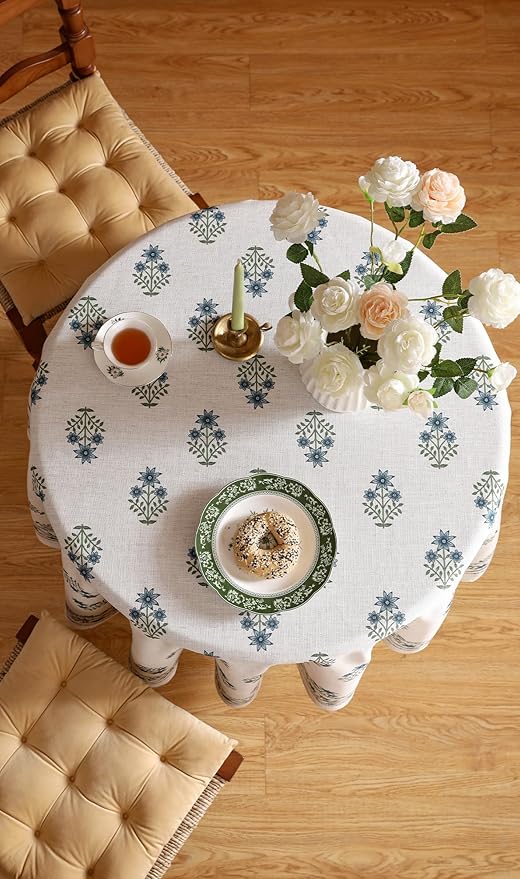 ISAENNE Designer White Linen Small Round Tablecloth,Chinoiserie Floral Elegant Indoor Table Cloth,Fall Stain Proof Decor Tablecloths for Dining Thanksgiving Kitchen,Diameter 55"-Mosella F