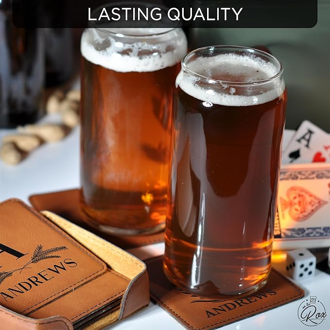 Personalized Leatherette Coasters - Set of 6 Engraved Name Monogram Coasters with Holder - Custom Gifts for Men - Personalized Bar Coasters for Him - Personalized Birthday