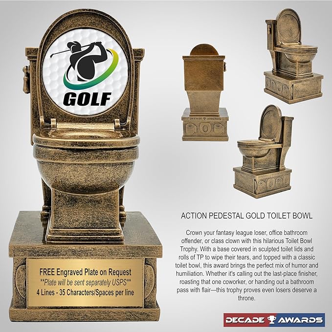Decade Awards Action Pedestal Gold Toilet Bowl Trophy with Optional Inserts - Custom Engraved Plate On Request (7 Inch Tall)