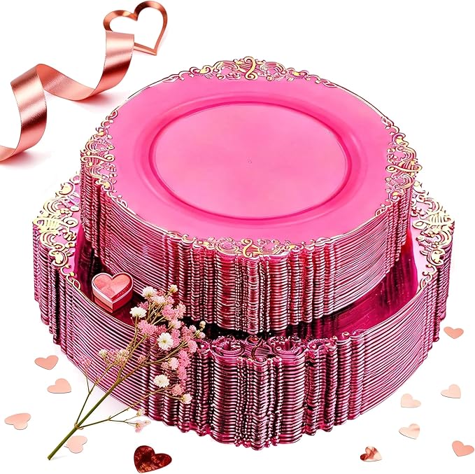 102PCS Clear Hot Pink Plastic Plates - Pink Disposable Plate with Gold Rim - Hot Pink Party Plates Include 51PCS 7.5inch Dessert & 10.25inch Dinner Plate for Wedding Birthday Valentine's Day