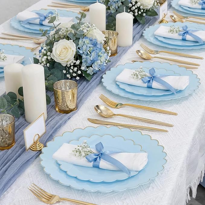 LIYH 120 Pcs Baby Blue Plastic Plates with Gold Edge - Disposable Light Blue Scalloped Baby Shower Plastic Plates Includes 60 Dinner Plate 10.25" & 60 Dessert Plate 7.5" for Birthday Party