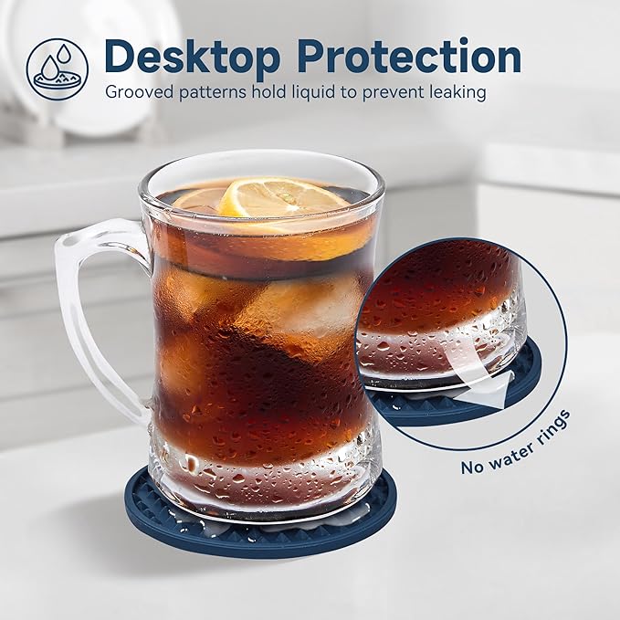 Coasters for Drinks, Silicone Coasters Set of 6 with Metal Holder, Outdoor Coaster for Coffee Table, Non-Slip Rubber Table Cup Mat Desk, Heat Resistant & Scratch-Proof (Navy Blue)