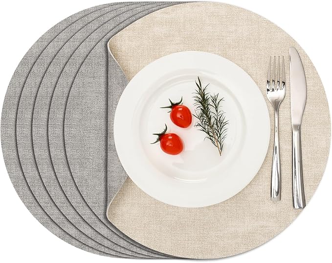 Myir JUN Reversible Vinyl Round Placemats Set of 6, Faux Leather Place Mats Dual Sided Waterproof Wipeable, Heat-Resistant Table Mats for Kitchen Dining Indoor Outdoor (14", Light Gray Cream-White)
