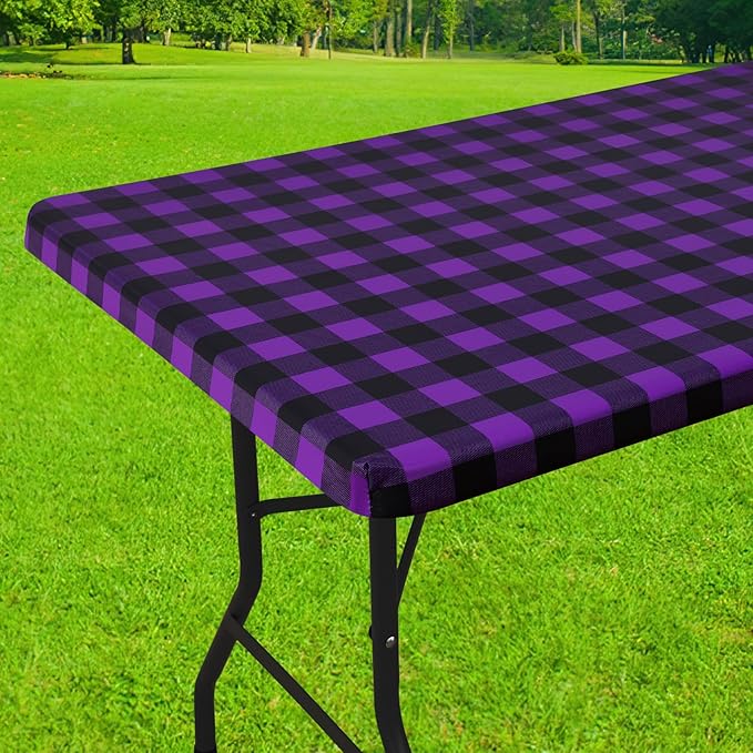 Smiry Rectangle Picnic Table Cloth, Elastic Waterproof Fitted Vinyl Tablecloths, Flannel Backed Buffalo Plaid Table Covers for Dining, Camping, Outdoor (Black and Purple, 30" x 96")