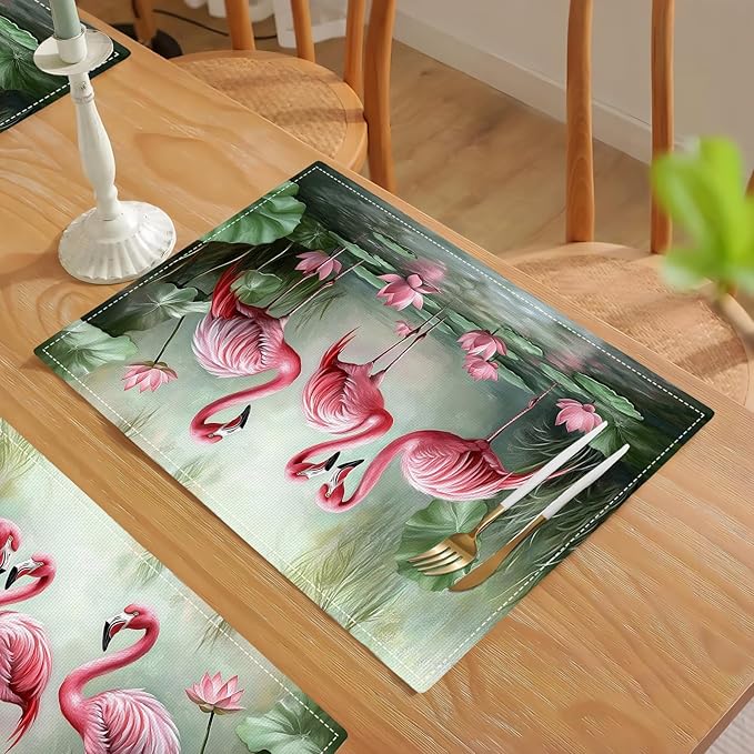 Flamingo Placemats Set of 4, Flamingo Tropical Flowers Place Mats, Wildlife Waterproof Washable Table Mats for Home Party Indoor Kitchen Dining Table Decoration 12x18 Inch
