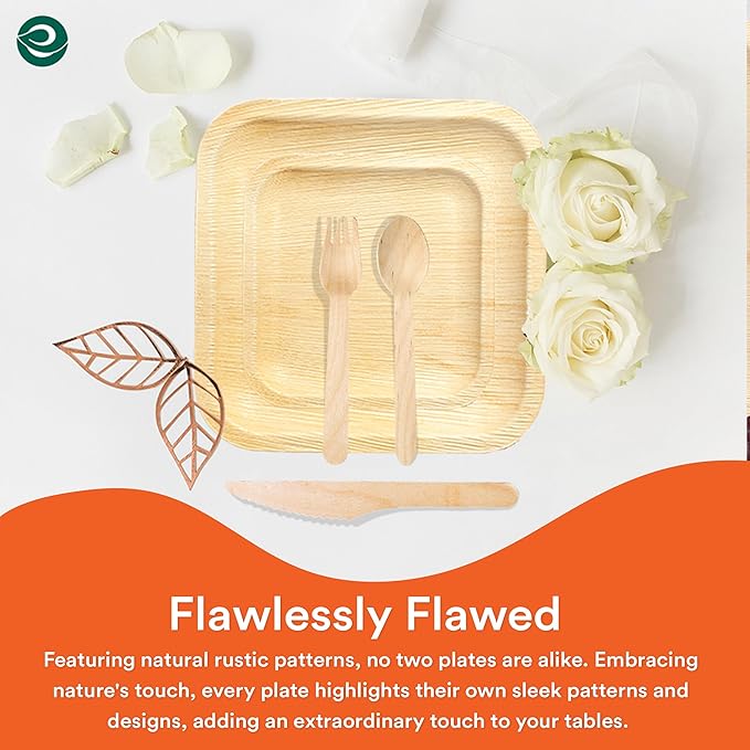 ECO SOUL 100% Compostable Palm Leaf Dinnerware Set of 250 For 50 Guests [10", 6" Square plates, Fork, Knife, Spoon, 50 Count each] | Biodegradable Disposable Utensils for Wedding, Parties, BBQ