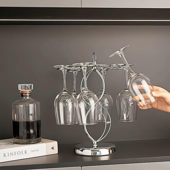 Wine Glass Holder Stand-Elegant Countertop Stemware Rack for 6 Glasses - Freestanding Stainless Steel Drying Organizer for Home Bar, Kitchen & Dining Table Decor