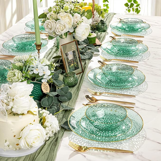 I00000 50 Pack 12 Ounce Clear Green Plastic Bowls Serving Bowls Hammered with Gold Rimmed, Heavy Duty Disposable Bowl Set,Small Bowls for St. Patrick's Day