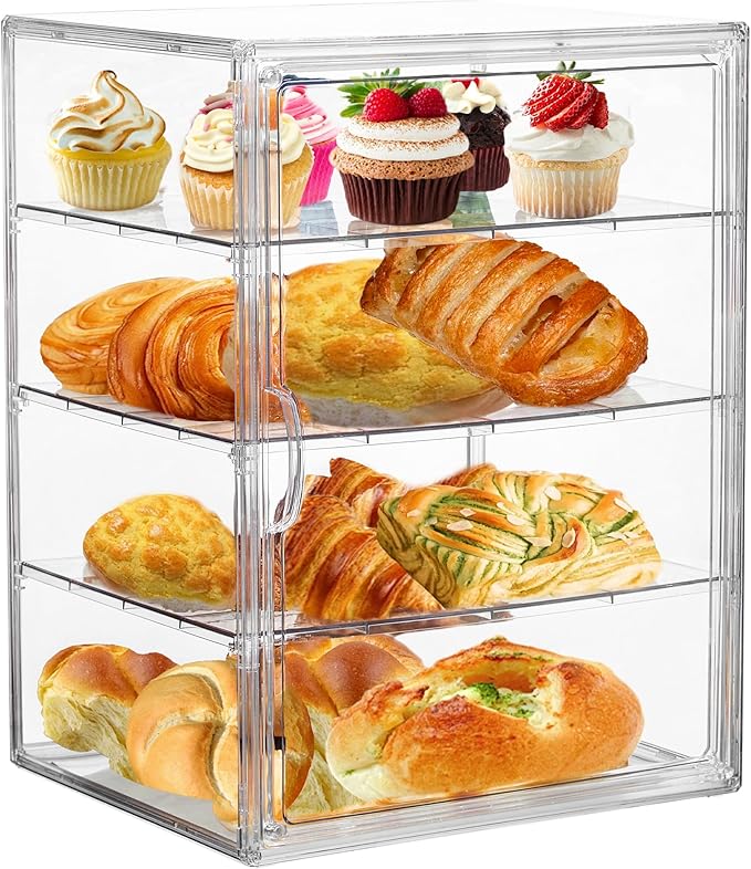 Attelite Pastry Display Case,4 Layers Adjustable Clear Bread Box for Kitchen Countertop,Bread Storage with Magnetic Door Bakery Pastry Display15.5x11.4x9.8inch