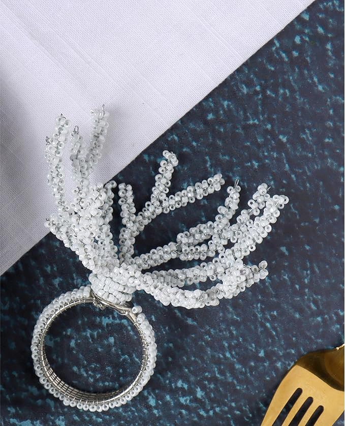 CLEENTABLE Beaded Napkin Rings Set for Dining Table - Elegant Pearl White Glass Beads with Silver Finish – Perfect for Weddings, Coastal Décor, Parties & Holiday Entertaining (White)
